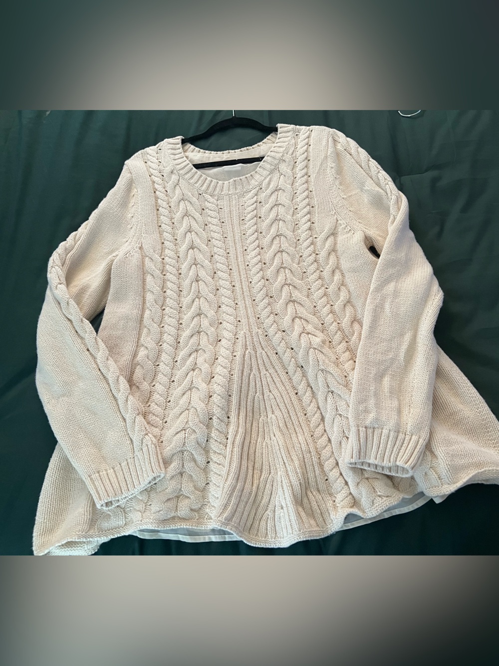 CAbi cream cable knit sweater with lacing in back chiffon layer underneath XL